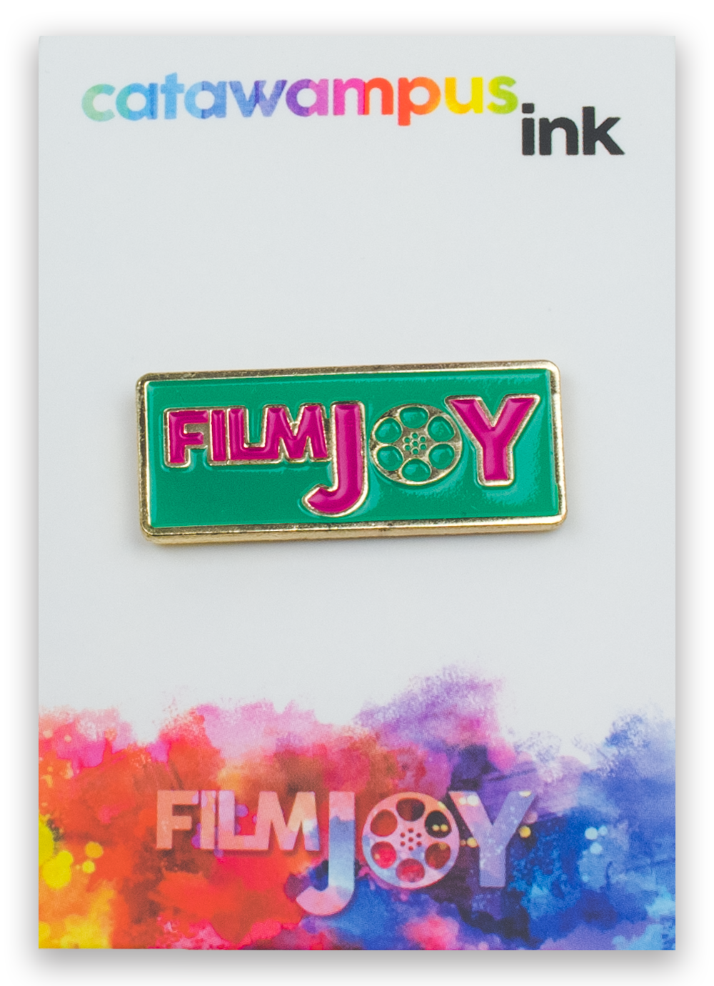 The Filmjoy logo pin on a backing card.